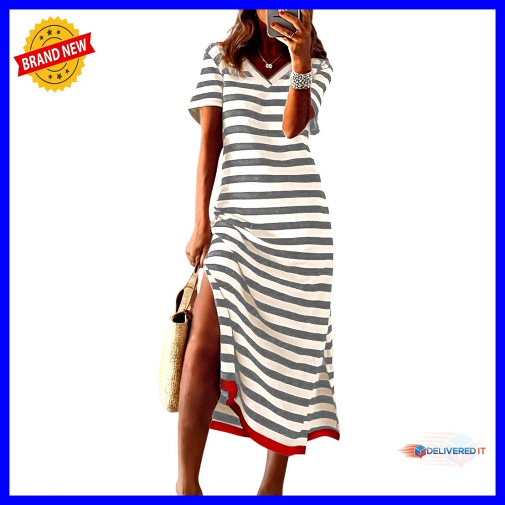 Short Sleeve Maxi Dress Casual Trendy Striped Split Color Block T Shirt